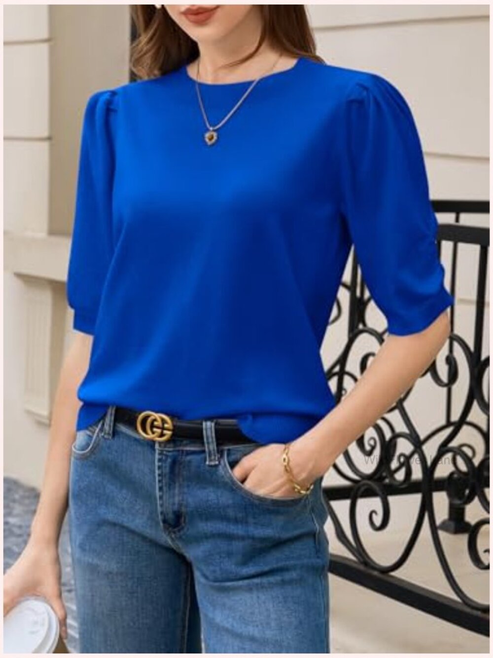 Puff Sleeve Sweater Top Ruffle Crew Neck Dressy Casual Loose Knit Pullover - Picture 4 of 7